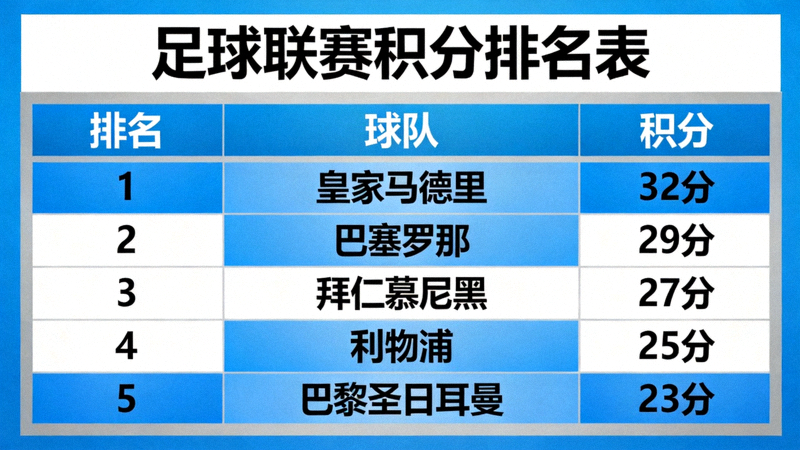 足球联赛积分排名表，展示各球队得分